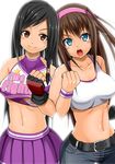  alternate_costume artist_request belt black_hair blue_eyes blush boxing_gloves breasts brown_eyes brown_hair cheerleader dead_or_alive denim female fingerless_gloves gloves hairband hitomi_(doa) jeans kokoro_(doa) long_hair looking_at_viewer midriff multiple_girls navel open_mouth pants smile suzuna_(najaran) wristband 