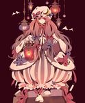  bad_id bad_twitter_id bat book bookmark bow crescent dress full_body hair_bow hat hat_bow holding holding_book lantern long_hair maroon_background mob_cap patchouli_knowledge shoes simple_background solo stairs touhou very_long_hair yu_(yzko) 