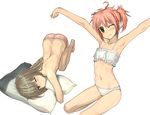  :&lt; armpits arms_up bent_over blush brown_eyes brown_hair flat_chest green_eyes highres long_hair looking_at_viewer midiman multiple_girls navel no_bra one_eye_closed original panties pillow red_hair short_hair stretch striped striped_panties top-down_bottom-up topless transparent_background twintails underwear waking_up 