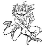  2girls artist_name asymmetrical_docking boots braid breast_press breasts bulma dated dragon_ball dragon_ball_(classic) greyscale hair_ribbon jacket looking_at_viewer lunch_(dragon_ball) mariel_cartwright medium_breasts monochrome multiple_girls ponytail ribbon shorts simple_background single_braid sitting smile tank_top white_background 