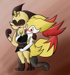  abstract_background anthro blush braixen brown_eyes canine clothing duo feline female fox fur lingerie mammal meowth mytew neksu nintendo open_mouth pok&eacute;mon video_games 