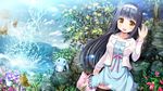  black_hair blazer brown_eyes bug bunny butterfly dress hairband insect jacket kokage_(next_nest) landscape original rock solo thighhighs waving 