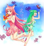  animal_ears anklet artist_request barefoot cat_ears feet fish green_eyes green_hair jewelry moe_(moeren) moeren multiple_girls red_eyes red_hair ren_(moeren) 