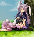  ahoge animal_ears bad_id bad_pixiv_id black_hair blazer bunny_ears dappled_sunlight etou_(cherry7) inaba_tewi jacket lavender_hair long_hair multiple_girls necktie pantyhose reisen_udongein_inaba short_hair sitting sleeping sunlight tail touhou tree tree_shade under_tree wariza 