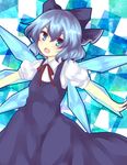  bad_id bad_pixiv_id blue_eyes blue_hair bow checkered checkered_background cirno dress hair_bow highres open_mouth outstretched_arms ribbon short_hair smile solo spread_arms touhou uranaishi_(miraura) wings 