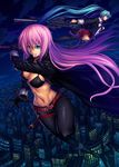  aka_(shoumae) aqua_eyes aqua_hair bad_id bad_pixiv_id cityscape flying gun hatsune_miku long_hair megurine_luka midriff multiple_girls navel necktie night pink_hair skirt sword thighhighs twintails very_long_hair vocaloid weapon 