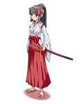  black_hair bow japanese_clothes makisige miko original red_eyes sheath sheathed solo sword weapon 