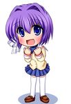  blue_eyes blush chibi clannad cross_(crossryou) fujibayashi_ryou no_nose purple_hair school_uniform short_hair solo thighhighs 