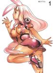  1girl animal_ears artbook blue_eyes blush boots breast_grab breast_hold breasts bunny_ears female goo_girl grabbing highres large_breasts long_hair melona monster_girl pink_hair queen&#039;s_blade queen's_blade simple_background slime solo waving white_background 
