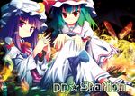  :&lt; arm_support bat_wings blue_hair bow crescent gradient_hair green_hair hands_clasped hat long_hair multicolored_hair multiple_girls own_hands_together patchouli_knowledge purple_eyes purple_hair red_eyes remilia_scarlet renee robe short_hair sitting touhou wings 