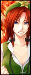  bad_id bad_pixiv_id blue_eyes braid breasts cleavage clenched_teeth close-up face hong_meiling large_breasts red_hair ryuushou serious solo teeth touhou twin_braids 