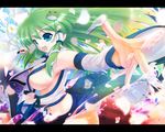  :d armpits bare_shoulders blue_eyes breasts cherry_blossoms detached_sleeves foreshortening frog_hair_ornament gohei green_hair hair_ornament hands kochiya_sanae large_breasts letterboxed long_hair midriff navel no_bra open_mouth outstretched_arms porurin see-through sideboob smile snake solo spread_arms touhou wallpaper 