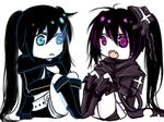  448_(syo_yu) ahoge armor bad_id bad_pixiv_id black_hair black_rock_shooter black_rock_shooter_(character) boots burning_eye chibi coat fangs insane_black_rock_shooter long_hair lowres multiple_girls shorts twintails very_long_hair 