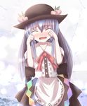  ^_^ blue_hair blush closed_eyes crying food fruit hat hinanawi_tenshi long_hair non_(nobu) open_mouth peach solo tears touhou 