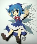 :d blue_dress blue_eyes blue_hair bow bowtie cirno dress follen_(639594) grin ice ice_wings looking_at_viewer open_mouth outstretched_arms papercraft red_bow red_neckwear smile solo teeth touhou wings 