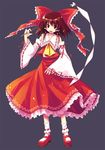  bare_shoulders bobby_socks bow brown_hair detached_sleeves frills full_body gohei hair_bow hakurei_reimu mary_janes open_mouth red_eyes renee ribbon shoes short_hair simple_background smile socks solo standing touhou 