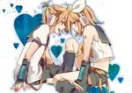  1girl bad_id bad_pixiv_id blonde_hair blue_eyes brother_and_sister face-to-face forehead-to-forehead hair_ornament hair_ribbon hairclip headphones heart kagamine_len kagamine_rin nagi_kanami ribbon short_hair shorts siblings sitting smile tears twins vocaloid 