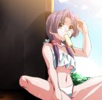  bad_id bad_pixiv_id breasts covered_nipples day food glasses lowres medium_breasts messy mouth_hold original panties popsicle purple_hair red_eyes shading_eyes shadow sitting solo spread_legs summer sunlight sweat takitsume_shino tank_top twintails underboob underwear 