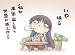  black_hair blush chibi houraisan_kaguya japanese_clothes long_hair nekoguruma o_o pringles sigh sitting solo table touhou translated trash_can 