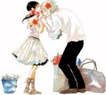  1girl axis_powers_hetalia bag black_hair blonde_hair couple fish flower france_(hetalia) frills hair_ribbon hand_kiss height_difference hetero hibiscus kiss long_hair namahamuro-su ribbon rose seychelles_(hetalia) skirt smile twintails 