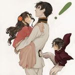  1girl 2boys axis_powers_hetalia bad_id bad_pixiv_id black_hair brown_eyes brown_hair carrying changpao child chinese_clothes flower flying_kick hair_flower hair_ornament hong_kong_(hetalia) japan_(hetalia) jumping kicking kusumori_shiba long_hair military military_uniform multiple_boys realistic simple_background sleeves_past_wrists sweatdrop taiwan_(hetalia) tears uniform yellow_eyes younger 