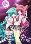  animal_ears artist_request cat_ears fang gloves green_eyes green_hair hairband lolita_fashion moe_(moeren) moeren multiple_girls necktie pink_eyes pink_hair punk_lolita ren_(moeren) skirt source_request striped striped_legwear thighhighs 