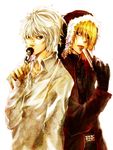  black_eyes blonde_hair chiyo_(rotsurechiriha) death_note finger_puppet gun l_(death_note) mello multiple_boys near puppet weapon white_hair 