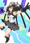  belt bike_shorts boots brown_eyes brown_hair gloves katana legs long_hair multiple_swords original outstretched_arms pleated_skirt school_uniform sheath sheathed shorts shorts_under_skirt skirt solo spread_arms sword traditional_media v8 watercolor_(medium) weapon 