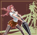  breasts cleavage evangelion:_2.0_you_can_(not)_advance glasses lance large_breasts makinami_mari_illustrious makisige neon_genesis_evangelion plaid plaid_skirt polearm rebuild_of_evangelion red_hair skirt solo thighhighs twintails weapon 