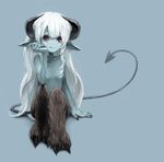  androgynous blue_skin chin_rest cow_horns demon_girl demon_tail highres hooves horns original pointy_ears red_eyes sitting solo tail toi_(number8) topless white_hair 