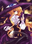  black_legwear blonde_hair cape carnelian eyes hat lilith_(yamibou) long_hair mary_janes official_art purple_eyes ribbon riding_crop sad shoes solo thighhighs very_long_hair witch_hat yami_to_boushi_to_hon_no_tabibito 
