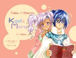  1girl 2005 blue_eyes blue_hair book character_name copyright_name dated keele_zeibel meredy purple_eyes purple_hair sakura_mio_(vent) tales_of_(series) tales_of_eternia 