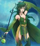  breasts cape cleavage detached_sleeves erinco final_fantasy final_fantasy_iv full_moon green_eyes green_hair hair_ornament highres large_breasts long_hair moon multiple_moons older rydia solo staff thighhighs 
