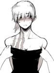 arms_behind_back bad_id bad_pixiv_id bare_shoulders blush breasts cleavage collarbone embarrassed face greyscale large_breasts monochrome oomori_harusame original ponytail pov scar sketch solo_focus sweat undressing 