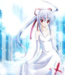  ahoge bare_shoulders blood bow breasts cleavage cross dress elbow_gloves freudia_neuwahl gloves hair_ribbon long_hair ponytail red_eyes ribbon rosenkreuzstilette silver_hair small_breasts snow solo stain very_long_hair wedding_dress womi 