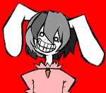 animal_ears bad_id bad_pixiv_id black_hair bunny_ears carrot_necklace evil_grin evil_smile grin hair_between_eyes horror_(theme) inaba_tewi okannigeru red_background short_hair smile solo touhou 
