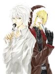  black_eyes blonde_hair chiyo_(rotsurechiriha) death_note finger_puppet gun l_(death_note) mello multiple_boys near puppet weapon white_hair 