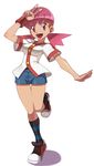  akane_(pokemon) arm_up bad_id bad_pixiv_id eyebrows_visible_through_hair full_body gym_leader hair_ornament hairclip kneehighs leg_up long_hair open_mouth pink_hair pokemon pokemon_(game) pokemon_hgss red_eyes ryunryun shoes short_sleeves shorts simple_background sneakers socks solo striped striped_legwear twintails v white_background wide_sleeves wristband 