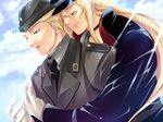  2boys absolute_obedience_(game) blonde_hair collar cry gloves hat hug lawless_streich long_hair louise_hardwick male male_focus multiple_boys sad smile tears uniform yaoi zettai_fukuju_meirei 