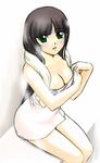  artist_request black_hair blush breasts cleavage gad_guard green_eyes large_breasts long_hair naked_towel sauna shinozuka_arashi solo sweat towel towel_around_neck very_long_hair white_towel yellow_towel 