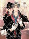  2boys absolute_obedience_(game) gloves goggles hat hug kia_welbehenna louise_hardwick male male_focus multiple_boys necktie outdoors outside tie uniform yaoi zettai_fukuju_meirei 