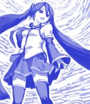  blue detached_sleeves hatsune_miku iseki_(kuroshura_no_tabiji) long_hair monochrome necktie skirt solo thighhighs twintails very_long_hair vocaloid 