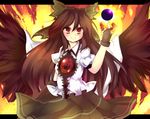  arm_cannon bad_id bad_pixiv_id black_sun black_wings bow brown_hair cape eyes fingerless_gloves fire gloves hair_bow large_bow long_hair orange_eyes pointing red_eyes reiuji_utsuho smile solo sun touhou uranaishi_(miraura) weapon wings 