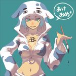  :q animal_costume animal_print bad_id bad_pixiv_id blue_eyes blue_hair breasts calligraphy_brush cleavage cow_costume cow_print hood kirino_moegi large_breasts lowres midriff navel original paint paintbrush solo tongue tongue_out translated 