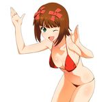  a1 amami_haruka arms_up bikini breasts brown_hair cowboy_shot eyebrows_visible_through_hair green_eyes hands idolmaster idolmaster_(classic) medium_breasts one_eye_closed open_mouth red_bikini short_hair simple_background smile solo swimsuit white_background 
