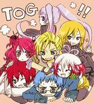  4boys asbel_lhant blonde_hair blue_eyes blue_hair cheria_barnes copyright_name glasses gloves hubert_ozwell long_hair lowres malik_caesars multicolored_hair multiple_boys multiple_girls one_eye_closed pascal purple_eyes purple_hair red_hair richard_(tales) short_hair sophie_(tales) tales_of_(series) tales_of_graces tora_kaede twintails two-tone_hair two_side_up yellow_eyes 