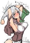  armpits arms_up bandages blush breasts engrish large_breasts league_of_legends looking_at_viewer ranguage riven_(league_of_legends) sessue sideboob solo sweat sweatdrop 