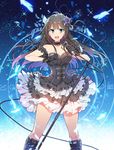  bare_shoulders black_dress black_gothic_dress_(idolmaster) blush boots brown_hair character_name dress flower gloves green_eyes hair_flower hair_ornament idolmaster idolmaster_cinderella_girls long_hair looking_at_viewer microphone microphone_stand open_mouth redrop shibuya_rin solo 