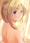  back backlighting blonde_hair blue_eyes blush curtains highres looking_at_viewer looking_back nude parted_lips pointy_ears sakura_ani solo 