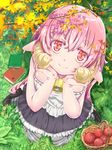  animal_ears basket bell bell_collar book collar dress food from_above fruit grass horns kneeling kntrs_(knyrs) long_hair looking_at_viewer looking_up original pink_eyes purple_eyes purple_hair red_eyes sheep_ears sheep_girl sheep_horns smile solo striped striped_legwear thighhighs 